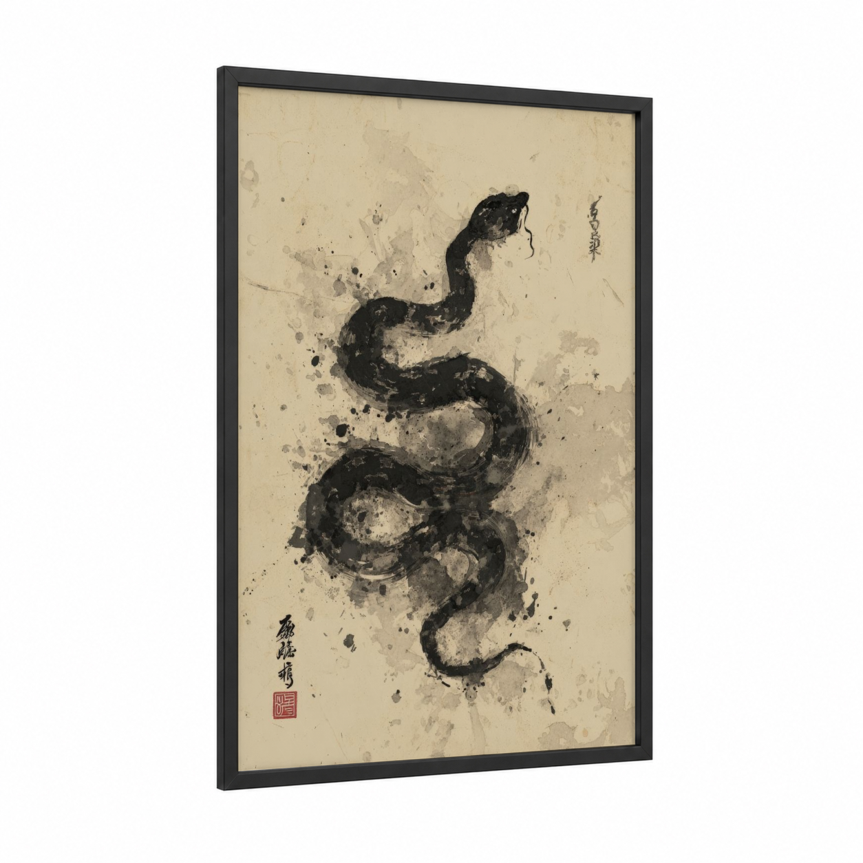 Ink Python framed art print — black wood frame — black and cream palette
