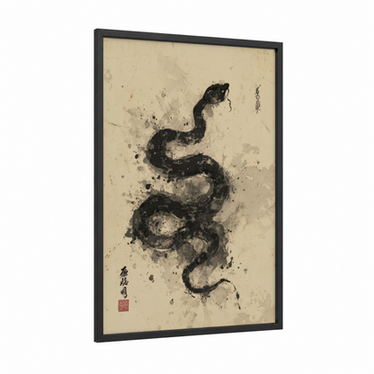 Ink Python framed art print — black wood frame — black and cream palette