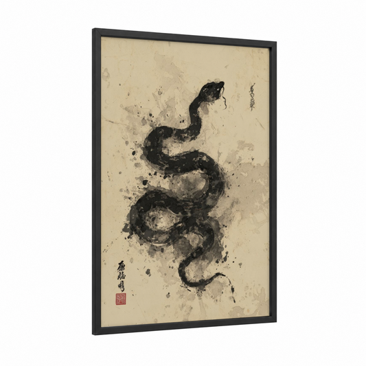 Ink Python framed art print — black wood frame — black and cream palette
