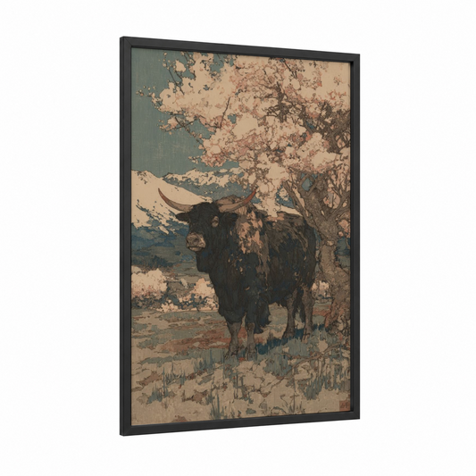 Highland Yak framed art print — black wood frame — cream and teal palette