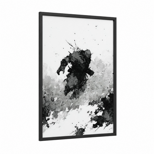 Charging Orc framed art print — black wood frame — black and white and gray palette