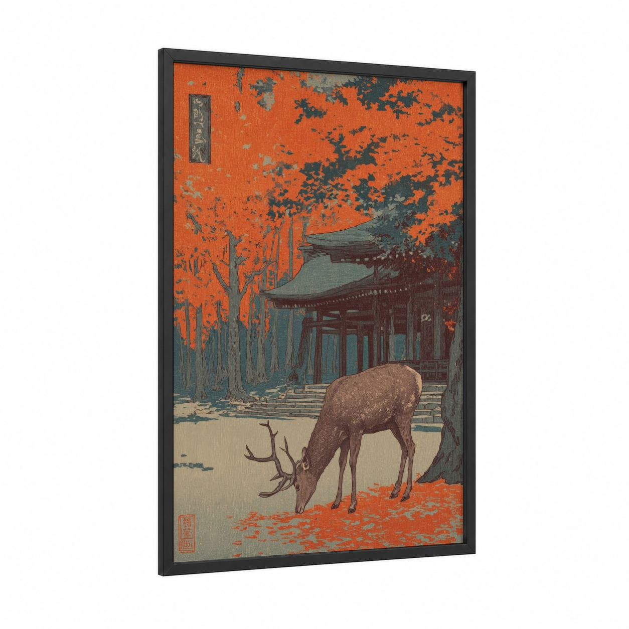 Autumn Elk Temple framed art print — black wood frame — orange and gray palette