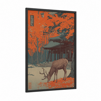 Autumn Elk Temple framed art print — black wood frame — orange and gray palette