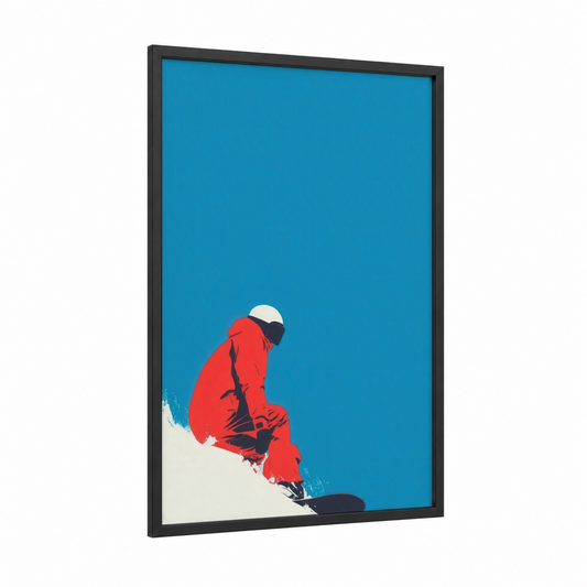 Crimson Carver framed snowboarding print — black wood frame — red and blue and white palette