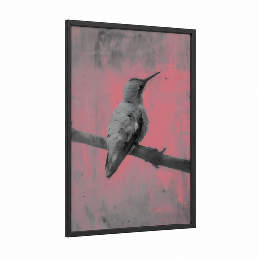 Pink Hummingbird framed art print — black wood frame — pink and gray palette