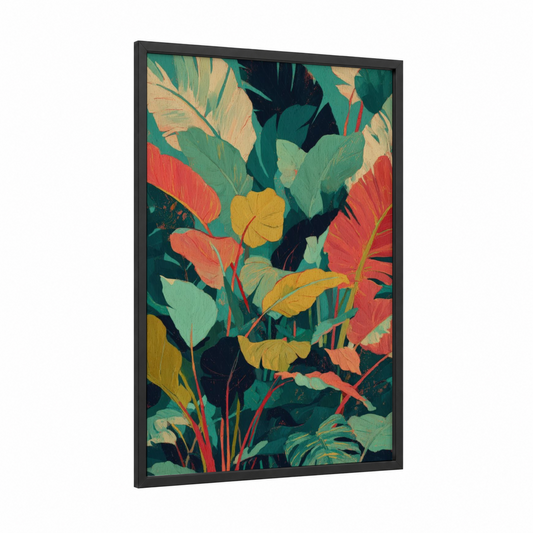 Tropical Palm Canopy framed palm forest print — black wood frame — teal and red palette