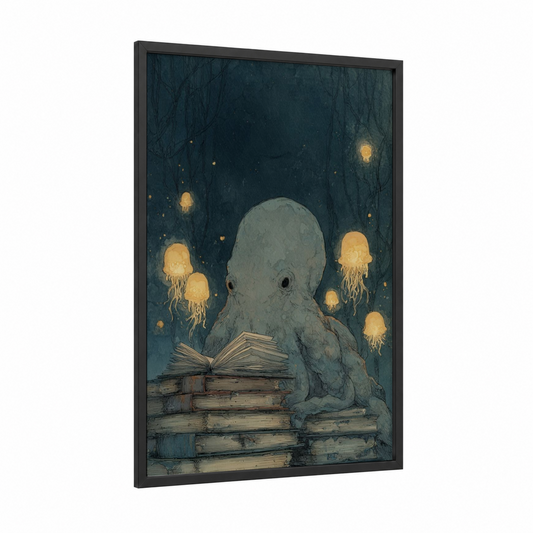 Reading Octopus framed art print — black wood frame — dark blue and gold palette