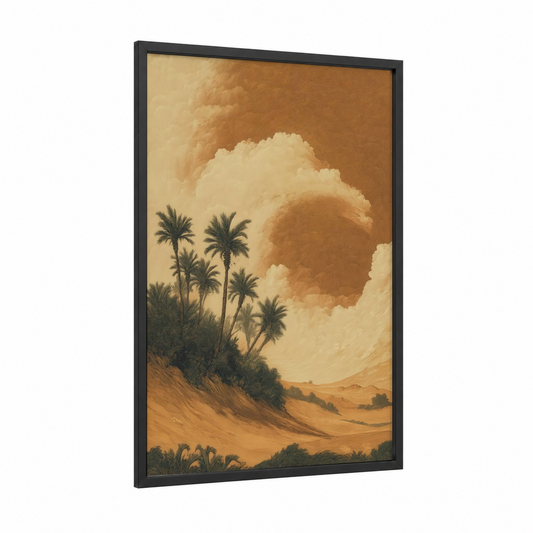 Desert Oasis framed art print — black wood frame — gold and cream palette