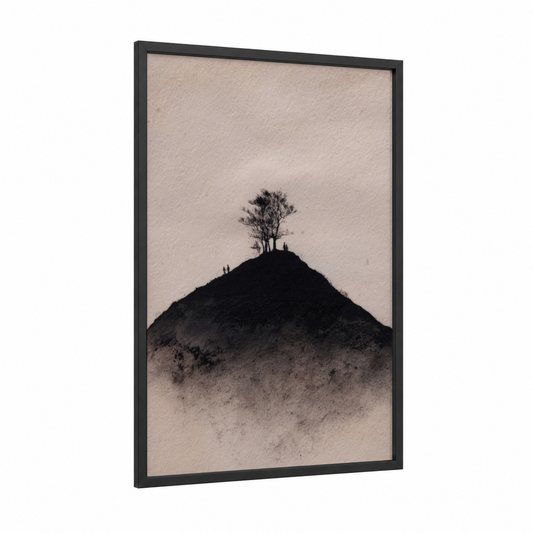 Solitary Summit framed abstract minimalist print — black wood frame — black and white and gray palette