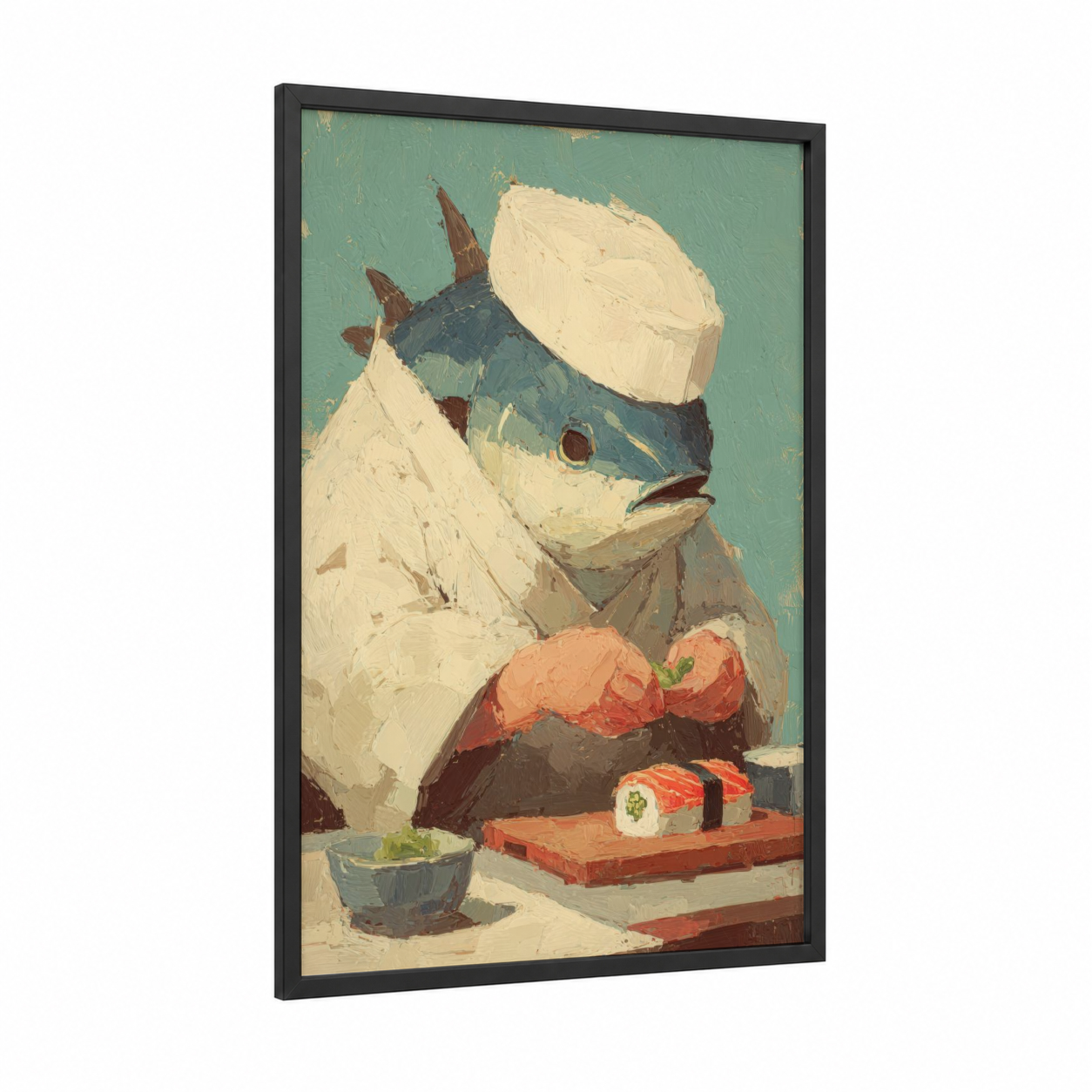 Sushi Chef Tuna framed art print — black wood frame — sage green and cream palette