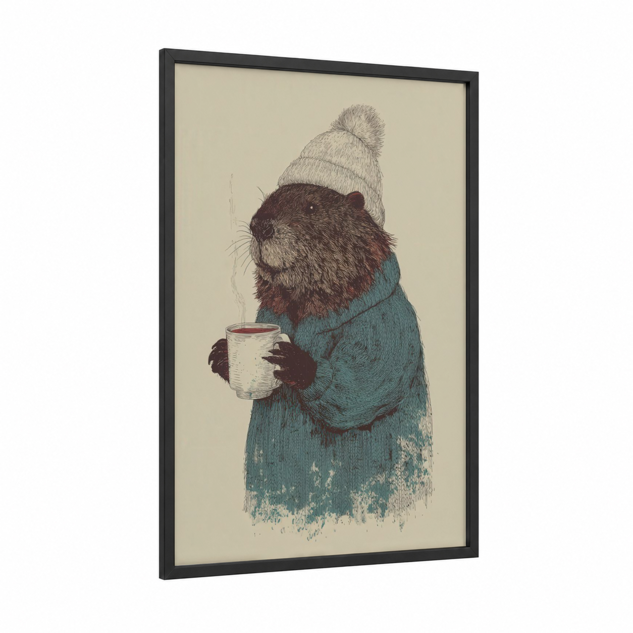 Cozy Beaver framed art print — black wood frame — teal and cream palette