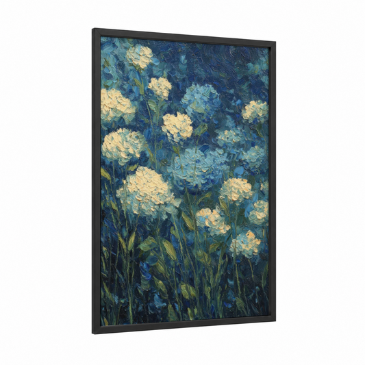 Twilight Hydrangeas framed art print — black wood frame — blue and gold palette