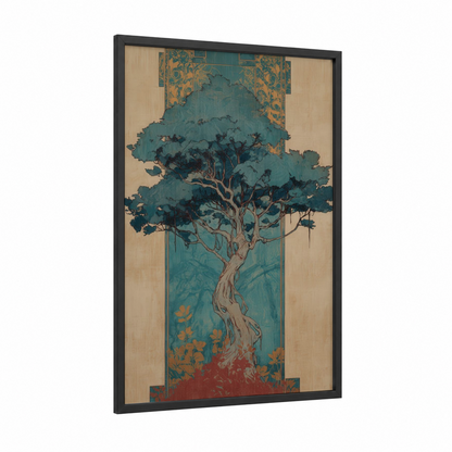 Teal Banyan Tree framed art print — black wood frame — teal and gold palette