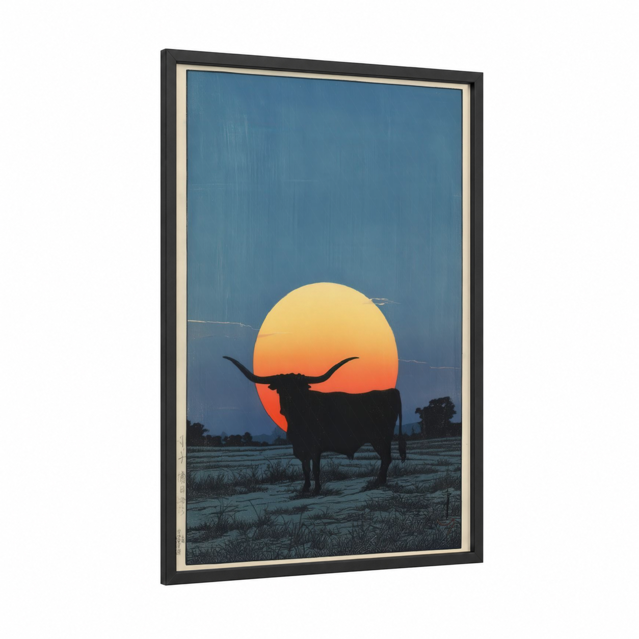 Sunset Longhorn framed longhorn cow print — black wood frame — blue and gold palette