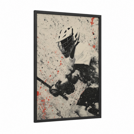 Dynamic Lacrosse Player framed art print — black wood frame — black and white and red palette