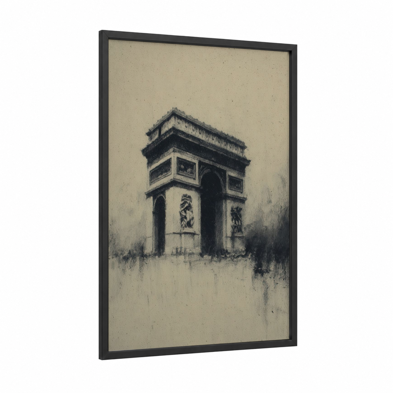 Misty Arc Triumphal framed arc de triomphe print — black wood frame — black and white and cream palette