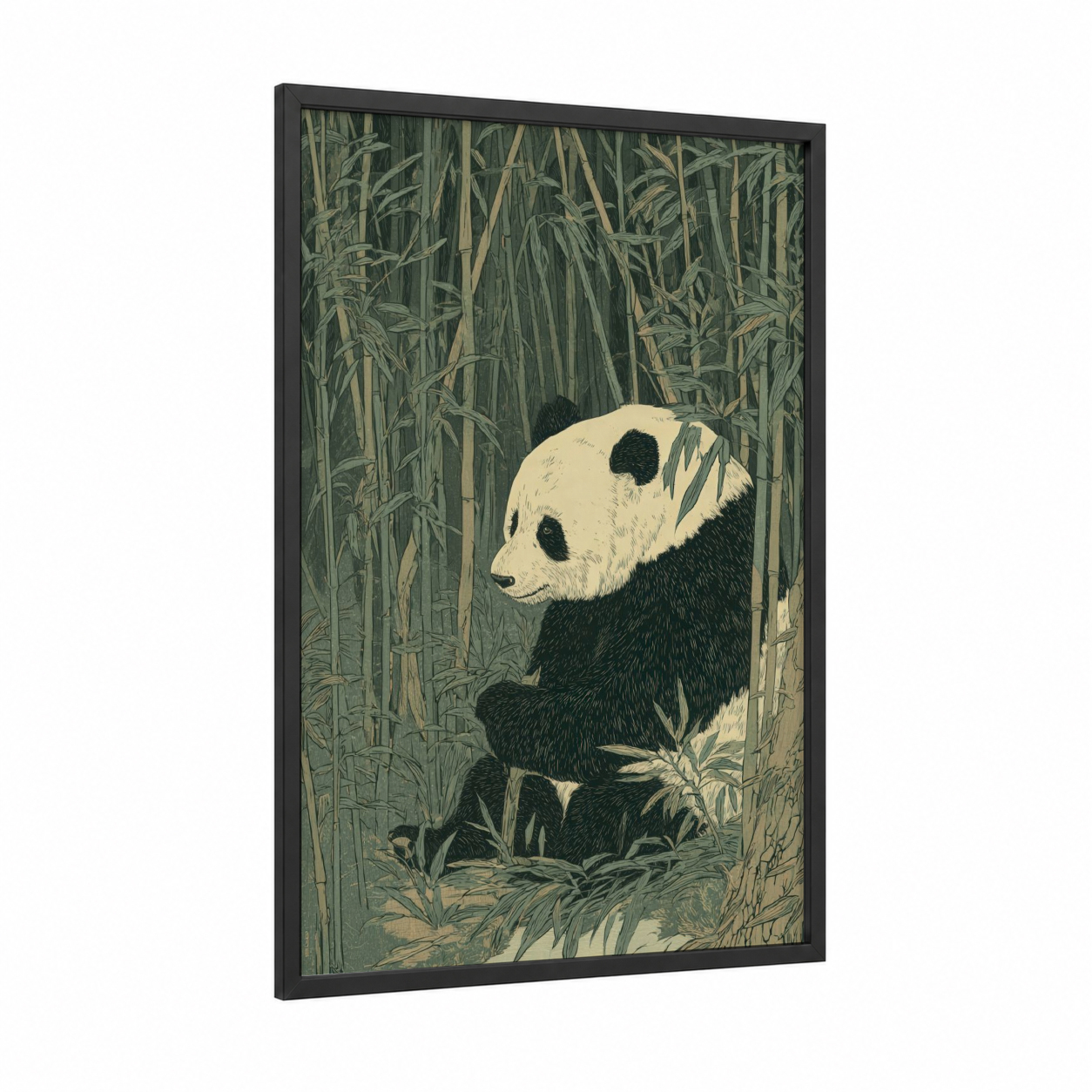 Bamboo Panda framed art print — black wood frame — sage green and cream palette