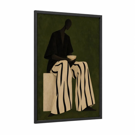 Minimalist Seated Figure Olive Wall Art framed abstract minimalist print — black wood frame — olive and beige palette