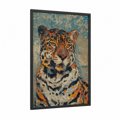 Mosaic Jaguar framed art print — black wood frame — orange and blue palette