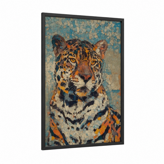 Mosaic Jaguar framed art print — black wood frame — orange and blue palette