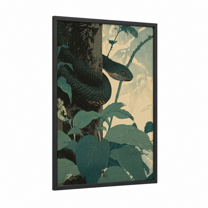 Emerald Basilisk framed art print — black wood frame — teal and gold palette