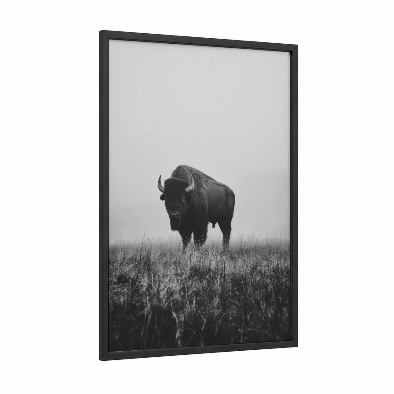 Misty Bison framed art print — black wood frame — black and white and gray palette