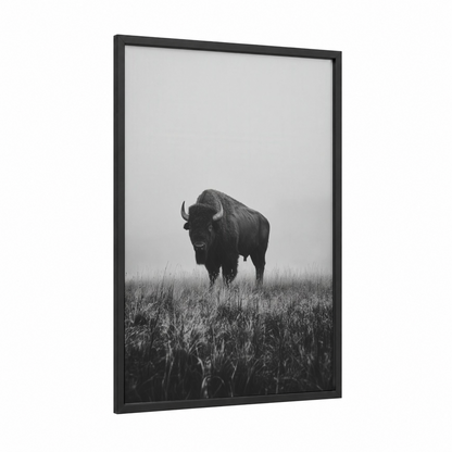 Misty Bison framed art print — black wood frame — black and white and gray palette