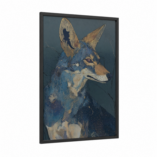 Cosmic Coyote framed art print — black wood frame — dark blue and gold palette