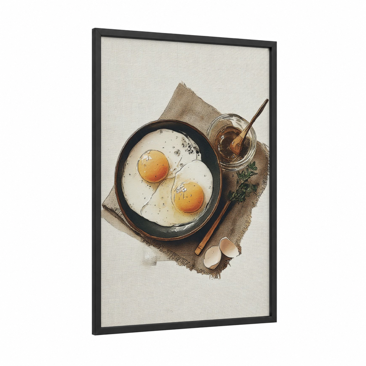 Sunny Breakfast Skillet framed art print — black wood frame — cream and gold palette