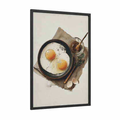 Sunny Breakfast Skillet framed art print — black wood frame — cream and gold palette