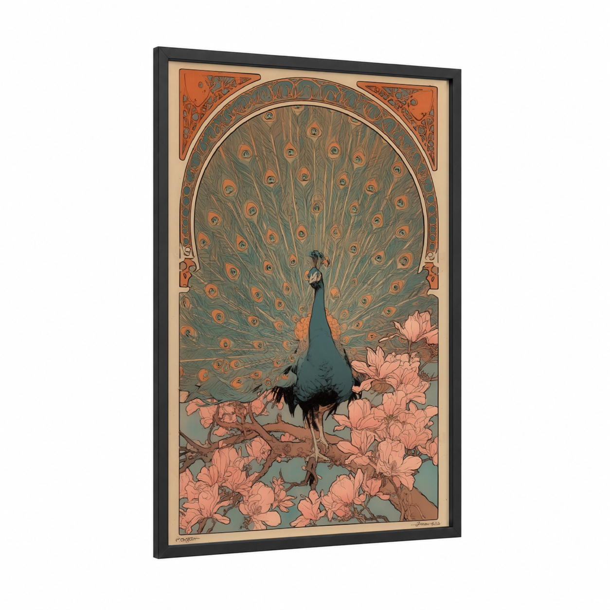 Blossom Peacock framed art print — black wood frame — teal and peach palette