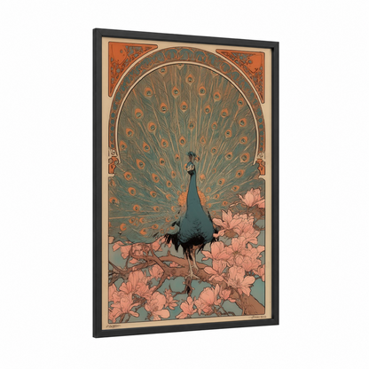 Blossom Peacock framed art print — black wood frame — teal and peach palette
