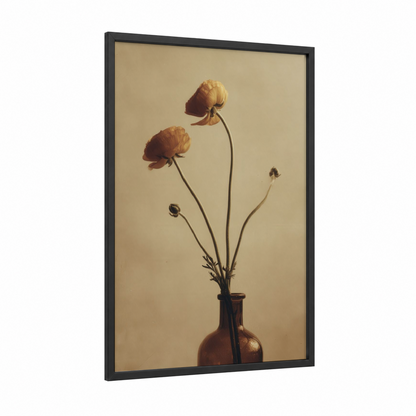 Golden Ranunculus framed art print — black wood frame — beige and gold palette