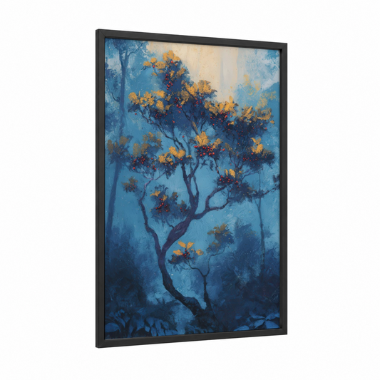 Golden Arbutus framed arbutus tree print — black wood frame — blue and gold and white palette