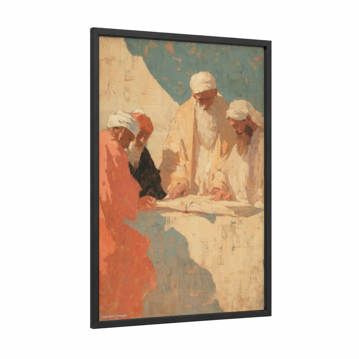 Torah Study framed judaism print — black wood frame — gold and cream palette
