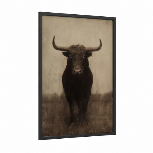 Longhorn Bull framed art print — black wood frame — beige and espresso palette