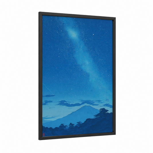 Starlit Mountain framed galaxy print — black wood frame — blue and turquoise palette