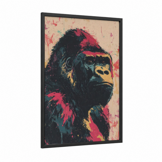 Crimson Gorilla framed art print — black wood frame — magenta and black palette