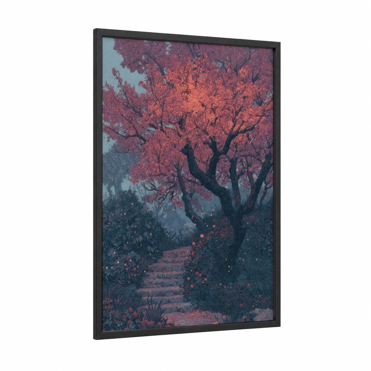 Crimson Blossom Path framed fruit trees print — black wood frame — blue and salmon pink palette