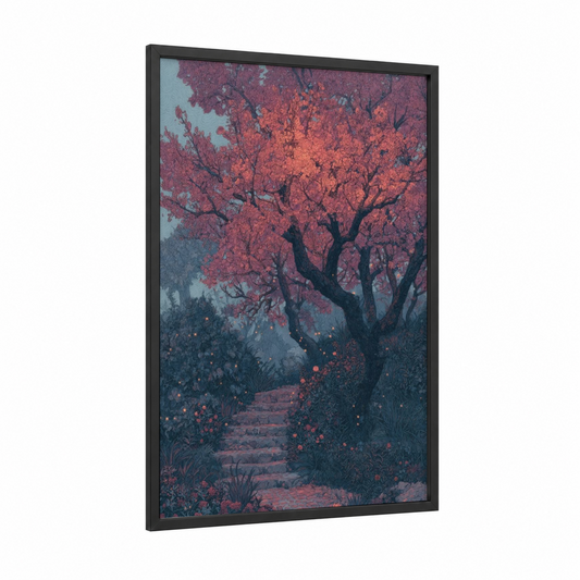 Crimson Blossom Path framed fruit trees print — black wood frame — blue and salmon pink palette