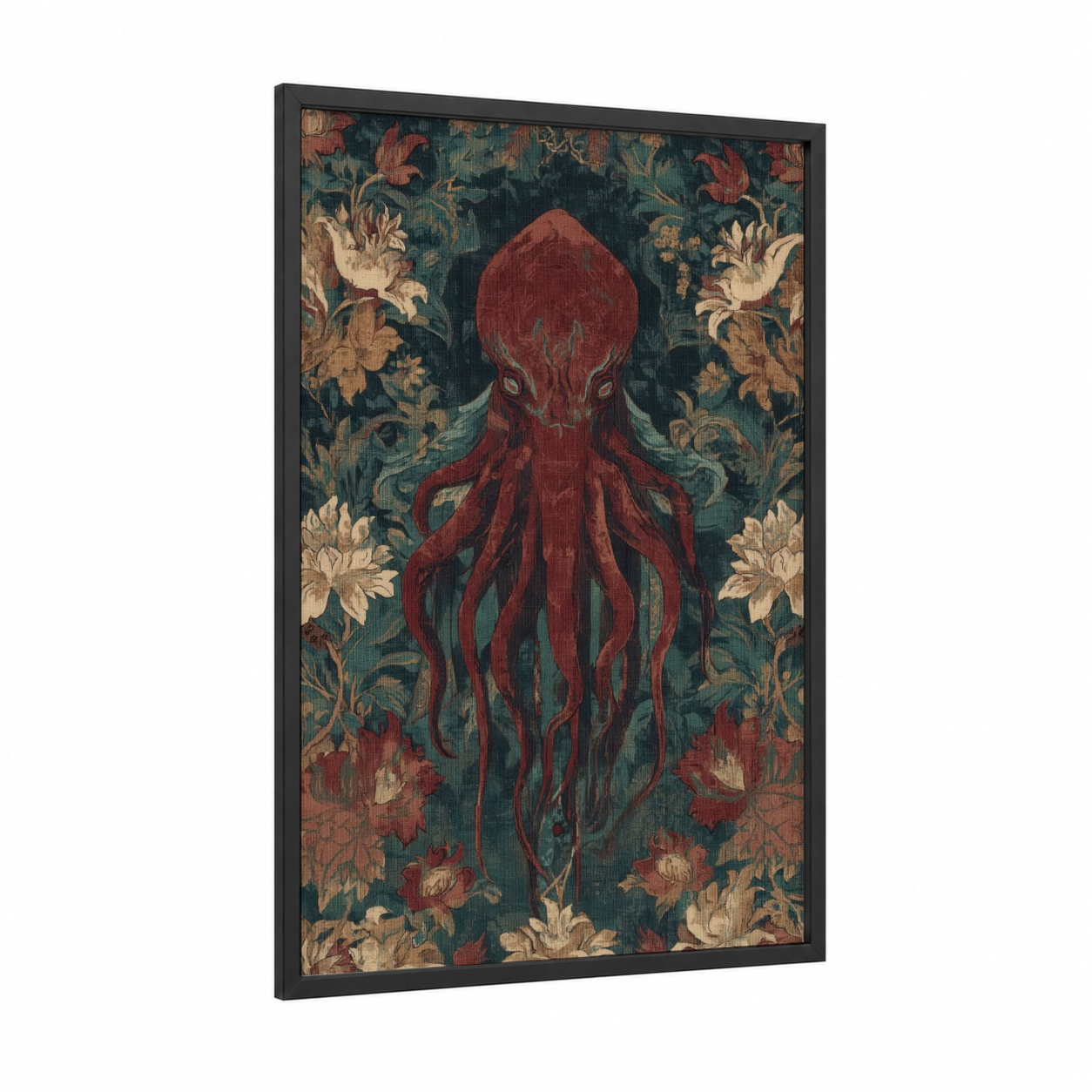Crimson Cthulhu framed art print — black wood frame — maroon and dark green palette