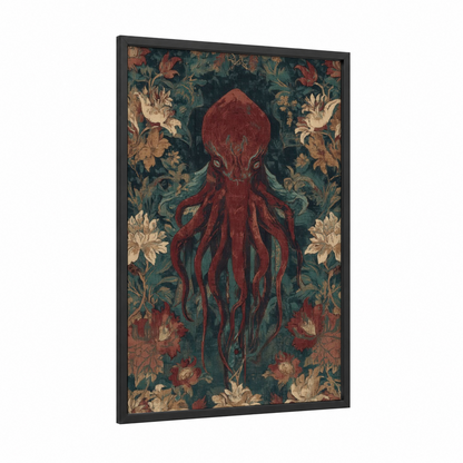 Crimson Cthulhu framed art print — black wood frame — maroon and dark green palette