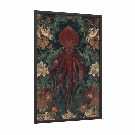 Crimson Cthulhu framed art print — black wood frame — maroon and dark green palette