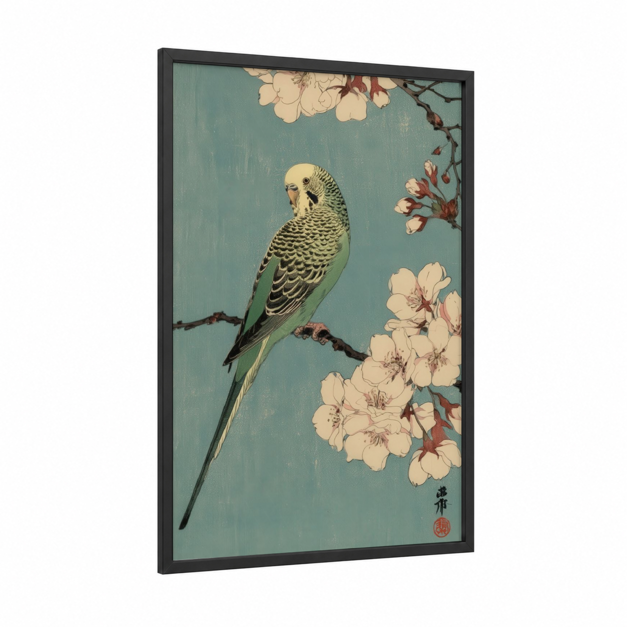 Blossoming Parakeet framed budgeridar print — black wood frame — sage green and cream palette