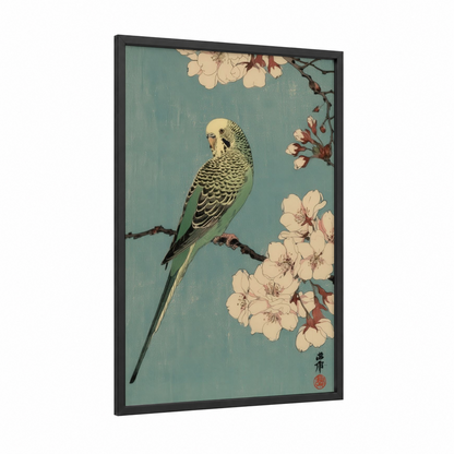 Blossoming Parakeet framed budgeridar print — black wood frame — sage green and cream palette