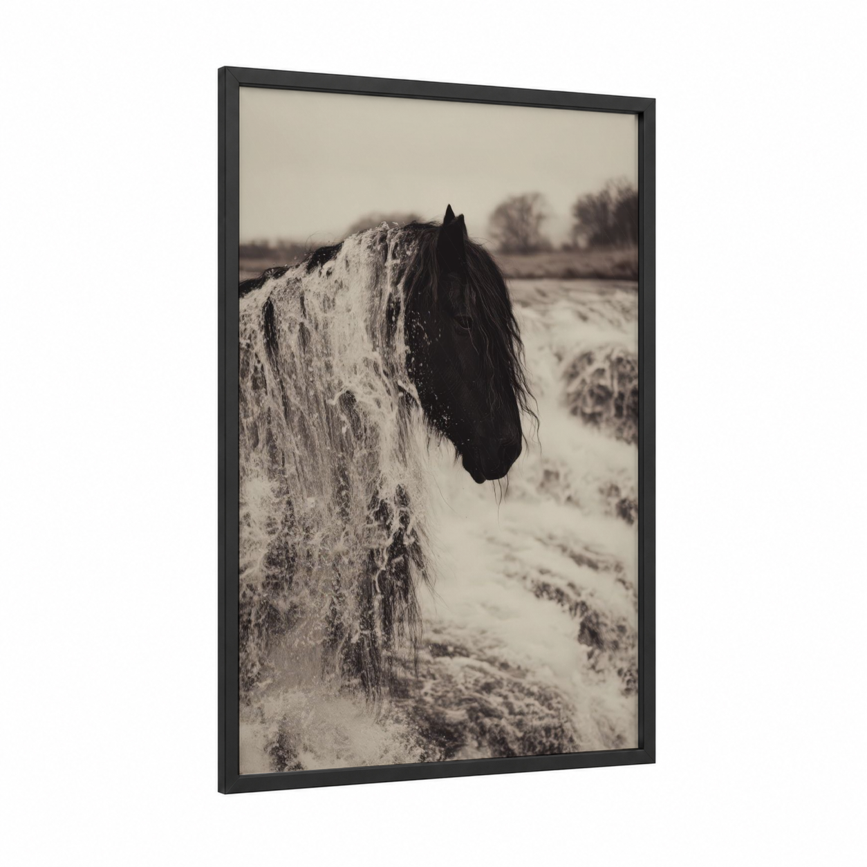 Snowy Friesian framed friesian horse print — black wood frame — black and white and gray palette