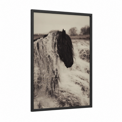 Snowy Friesian framed friesian horse print — black wood frame — black and white and gray palette