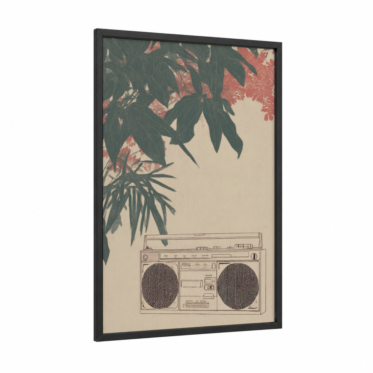 Botanical Boombox framed art print — black wood frame — dark green and salmon pink palette
