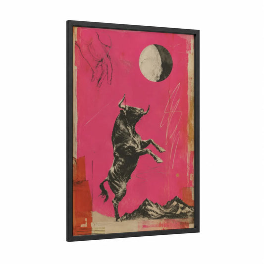 Surreal Bull Mountain Landscape Wall Art framed art print — black wood frame — pink and black and white palette