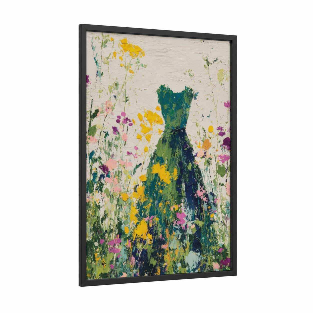Blooming Dress framed fashion illustration print — black wood frame — yellow gold and pink palette